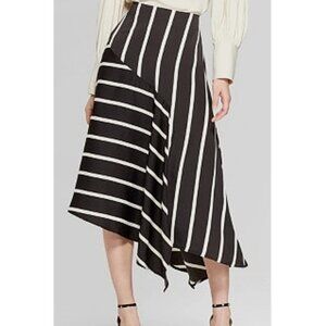 Who What Wear Black & White Striped Asymmetrical Midi Skirt